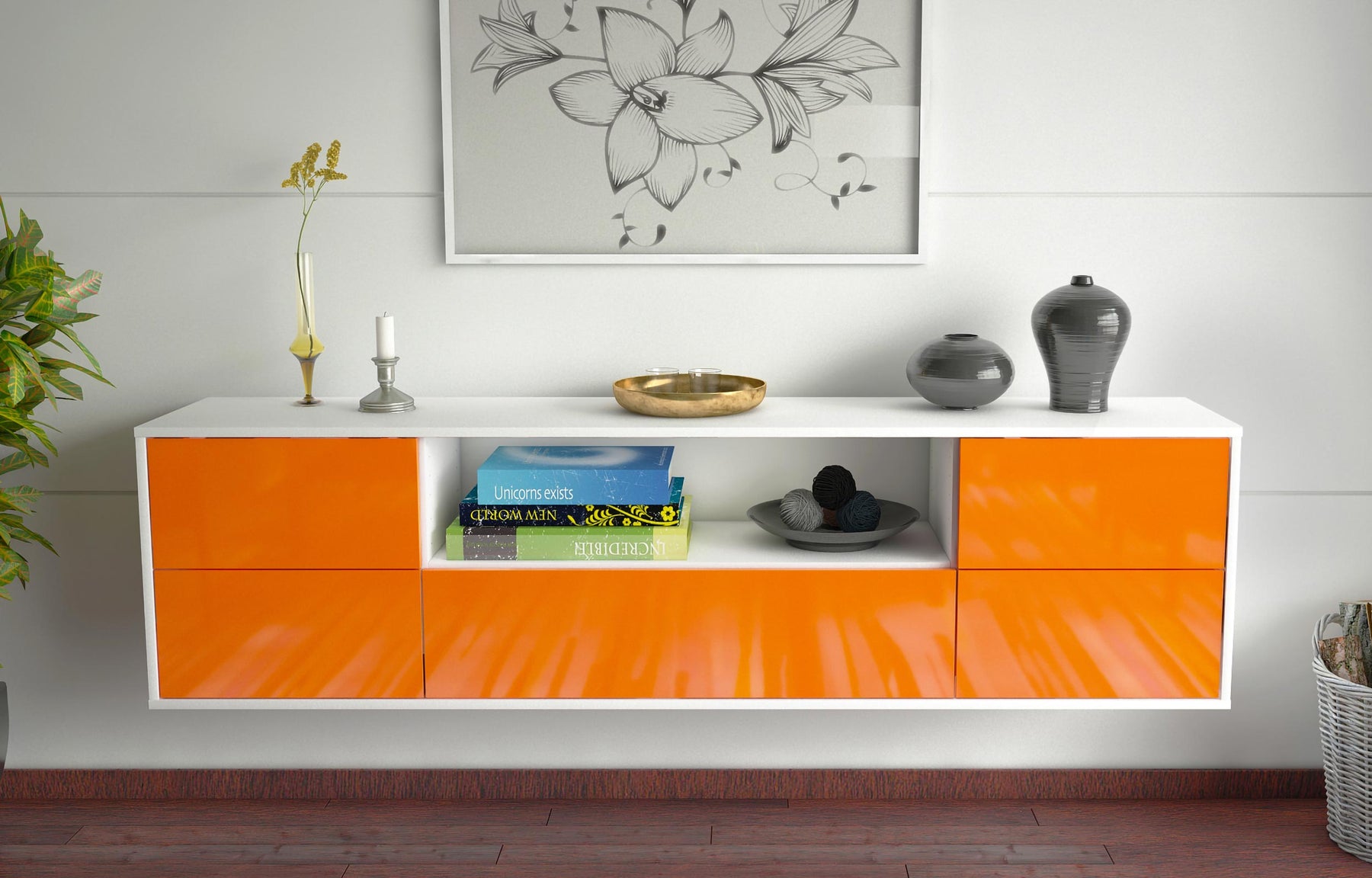 Lowboard Buffalo, Orange, hängend (180x49x35cm)